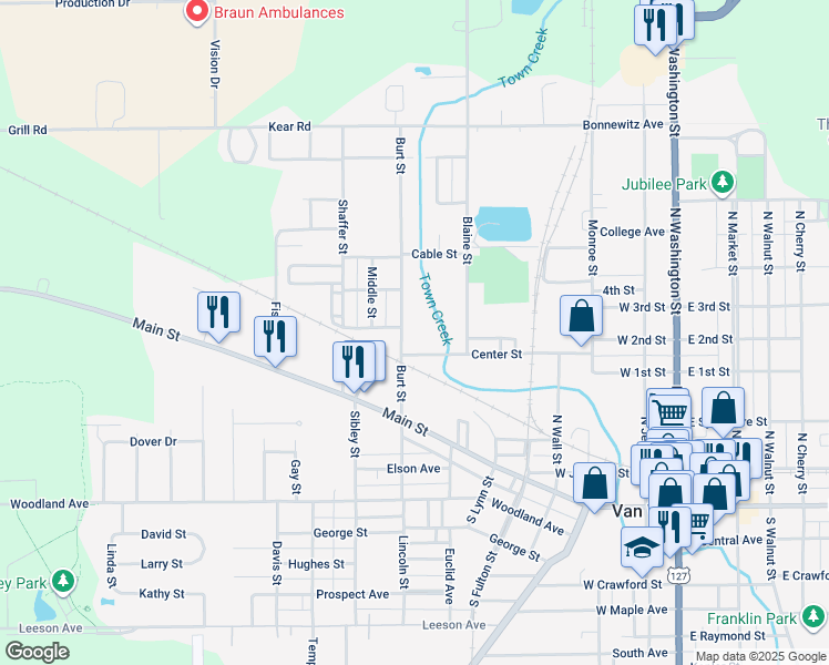 map of restaurants, bars, coffee shops, grocery stores, and more near 224-298 Burt Street in Van Wert