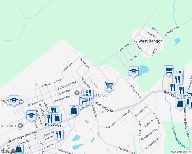 map of restaurants, bars, coffee shops, grocery stores, and more near 414 East Mountain Avenue in Pen Argyl