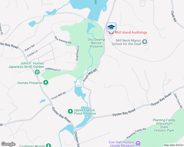 map of restaurants, bars, coffee shops, grocery stores, and more near 18 Frost Mill Road in Mill Neck