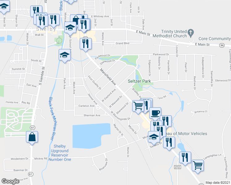 map of restaurants, bars, coffee shops, grocery stores, and more near 10 West Gaylord Avenue in Shelby