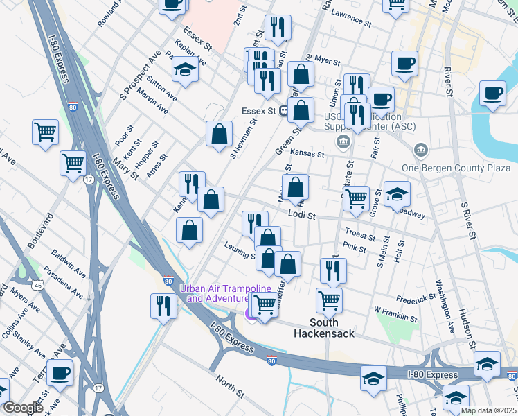 map of restaurants, bars, coffee shops, grocery stores, and more near 233 Lodi Street in Hackensack