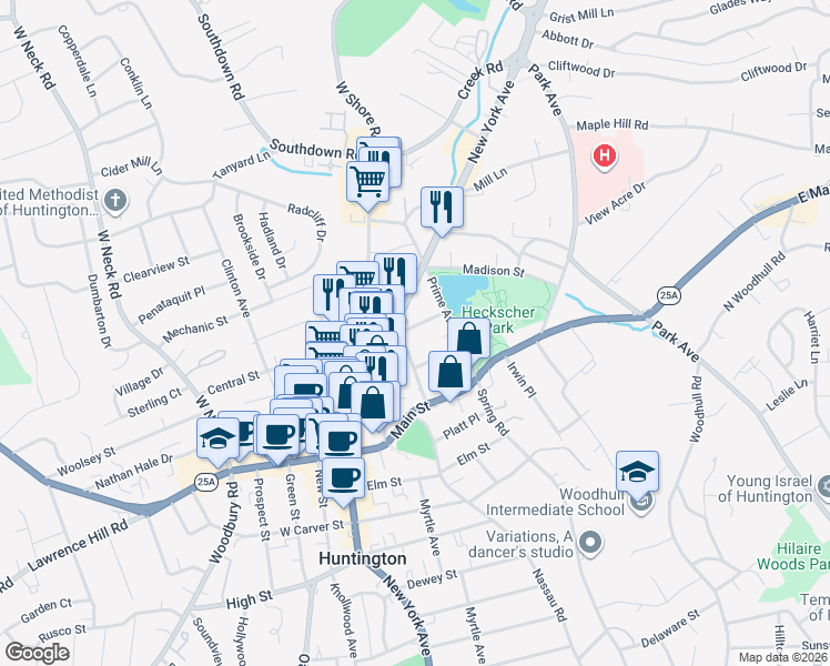 map of restaurants, bars, coffee shops, grocery stores, and more near 10 Lake Place in Huntington