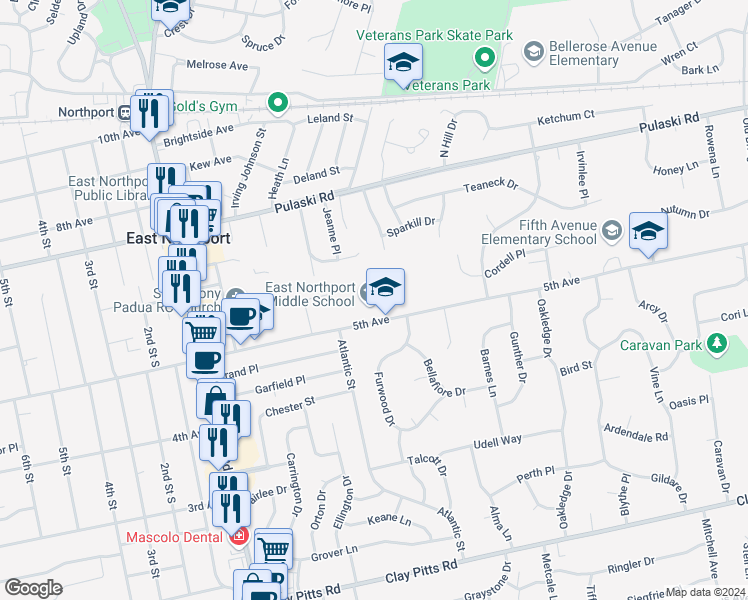 map of restaurants, bars, coffee shops, grocery stores, and more near 1075 5th Avenue in East Northport
