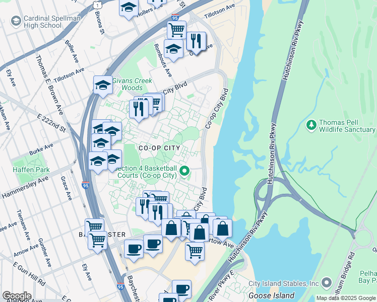 map of restaurants, bars, coffee shops, grocery stores, and more near 140 Benchley Place in Bronx
