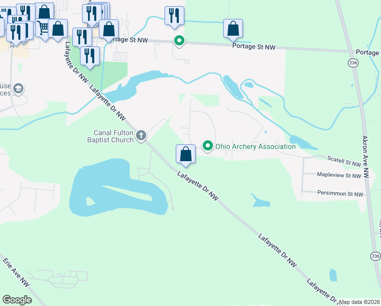map of restaurants, bars, coffee shops, grocery stores, and more near 6374 Chiltern Road Northwest in Canal Fulton
