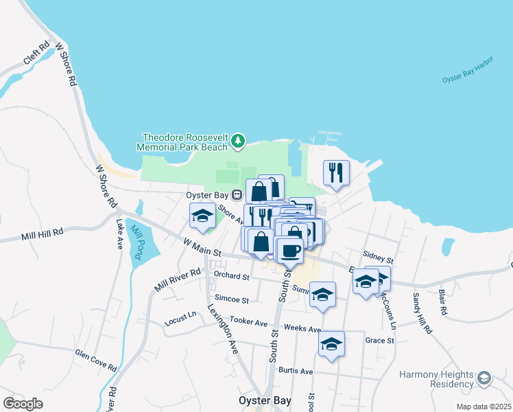 map of restaurants, bars, coffee shops, grocery stores, and more near 17 Maxwell Avenue in Oyster Bay