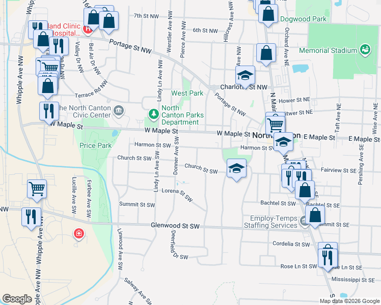 map of restaurants, bars, coffee shops, grocery stores, and more near 612 Harmon Street Southwest in North Canton