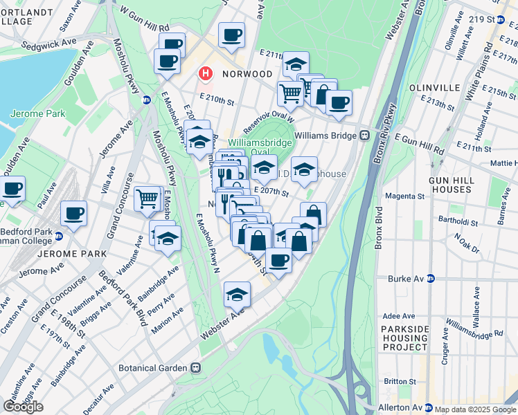 map of restaurants, bars, coffee shops, grocery stores, and more near 315 East 206th Street in Bronx