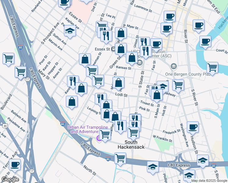 map of restaurants, bars, coffee shops, grocery stores, and more near 106 Mckinley Street in Hackensack