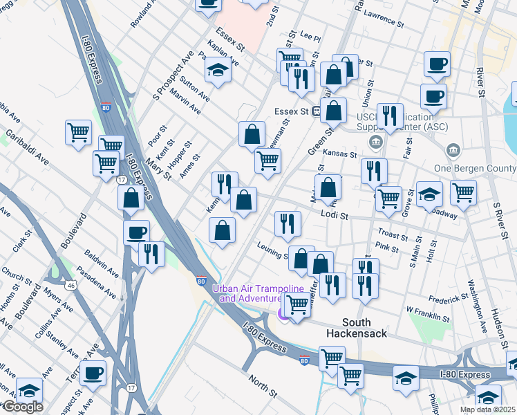 map of restaurants, bars, coffee shops, grocery stores, and more near 277 Lodi Street in Hackensack