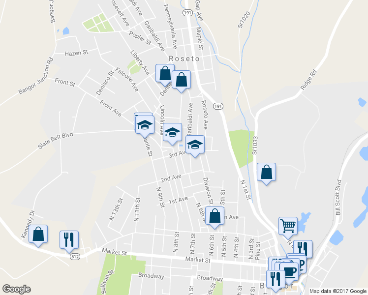 map of restaurants, bars, coffee shops, grocery stores, and more near 608 North 6th Street in Bangor