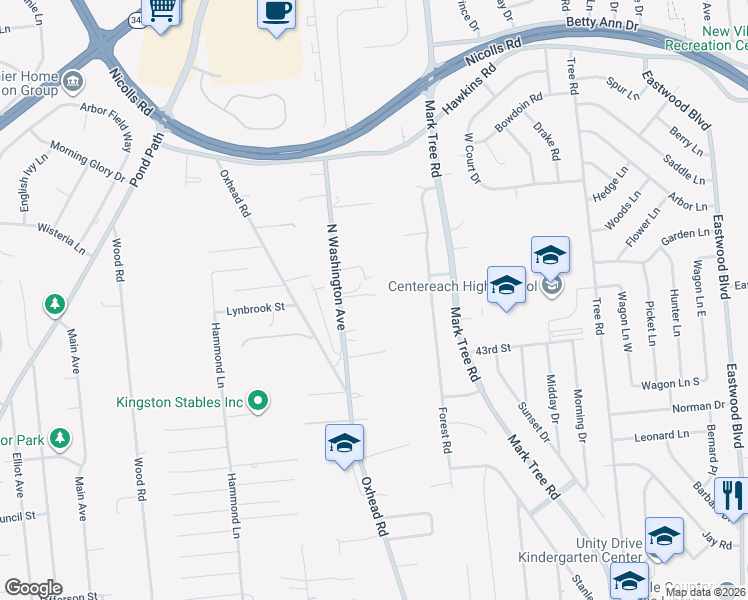 map of restaurants, bars, coffee shops, grocery stores, and more near 199 North Washington Avenue in Centereach
