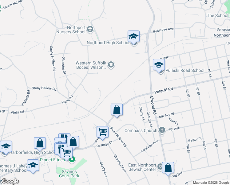 map of restaurants, bars, coffee shops, grocery stores, and more near 7 Stony Hollow Court in Greenlawn