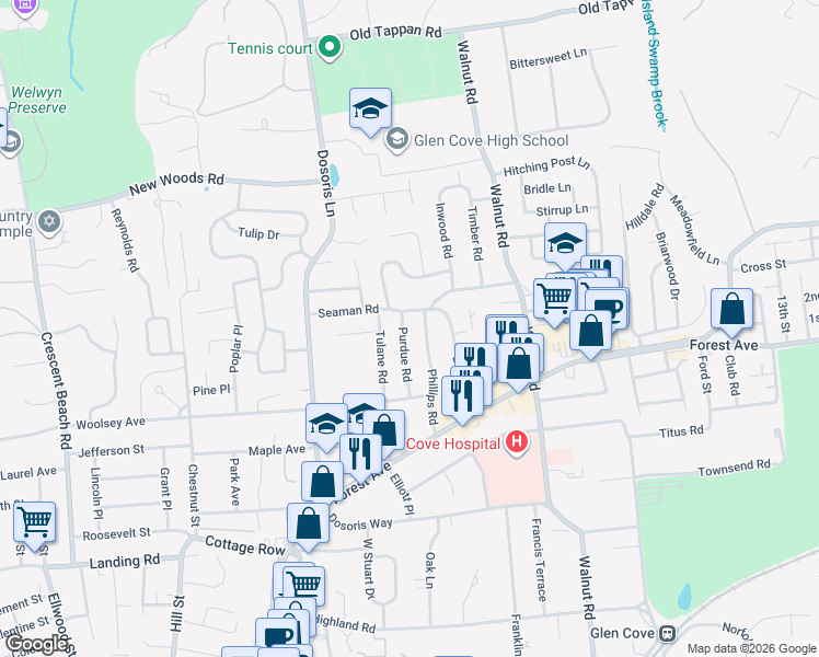 map of restaurants, bars, coffee shops, grocery stores, and more near 41 Phillips Road in Glen Cove