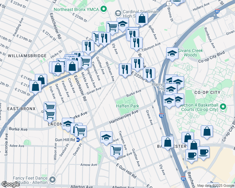 map of restaurants, bars, coffee shops, grocery stores, and more near 3227 Wickham Avenue in The Bronx