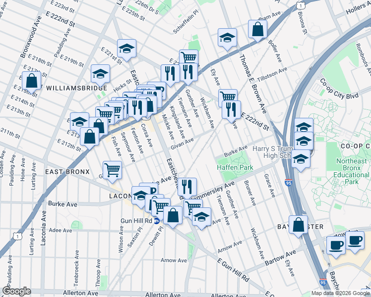 map of restaurants, bars, coffee shops, grocery stores, and more near 1618 Givan Avenue in Bronx
