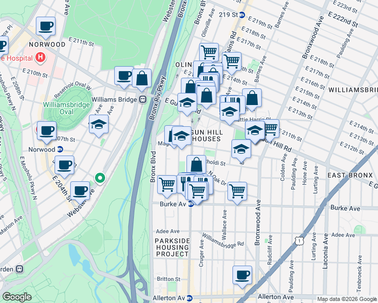 map of restaurants, bars, coffee shops, grocery stores, and more near 3387 White Plains Road in Bronx