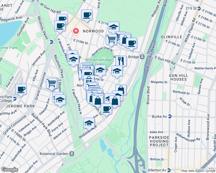 map of restaurants, bars, coffee shops, grocery stores, and more near 3216 Perry Avenue in The Bronx