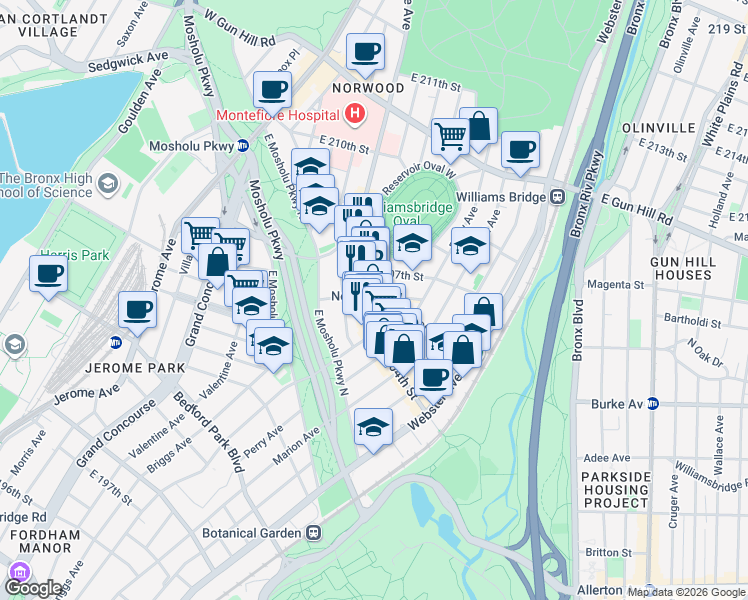 map of restaurants, bars, coffee shops, grocery stores, and more near 3125-3139 Bainbridge Avenue in The Bronx