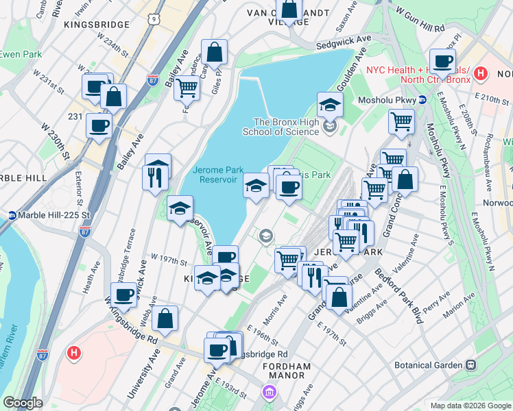 map of restaurants, bars, coffee shops, grocery stores, and more near 2980 Goulden Avenue in Bronx