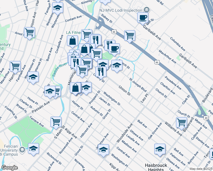 map of restaurants, bars, coffee shops, grocery stores, and more near 97 Liberty Street in Lodi