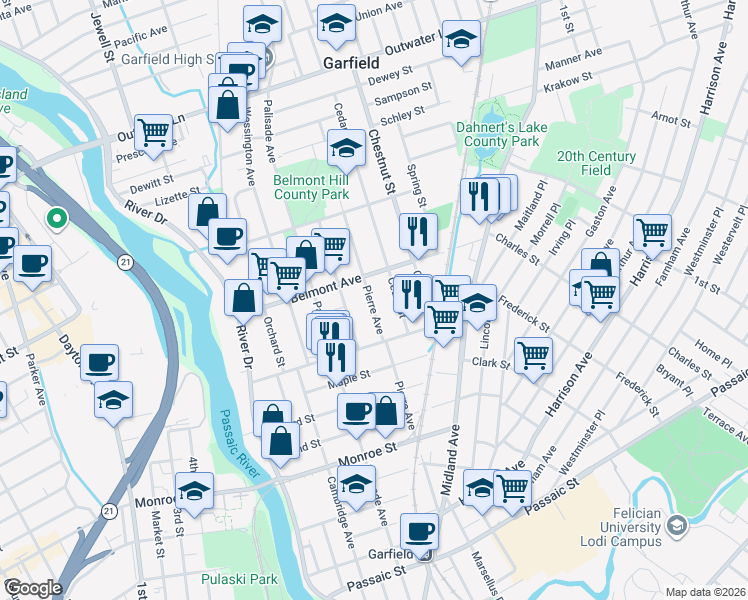 map of restaurants, bars, coffee shops, grocery stores, and more near 184 Pierre Avenue in Garfield