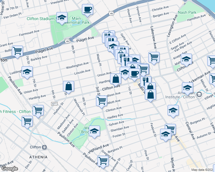 map of restaurants, bars, coffee shops, grocery stores, and more near 414 Clifton Avenue in Clifton