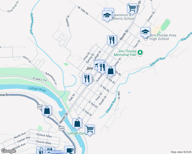 map of restaurants, bars, coffee shops, grocery stores, and more near 25 West 6th Street in Jim Thorpe