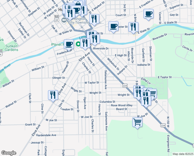 map of restaurants, bars, coffee shops, grocery stores, and more near 751 Henry Street in Huntington