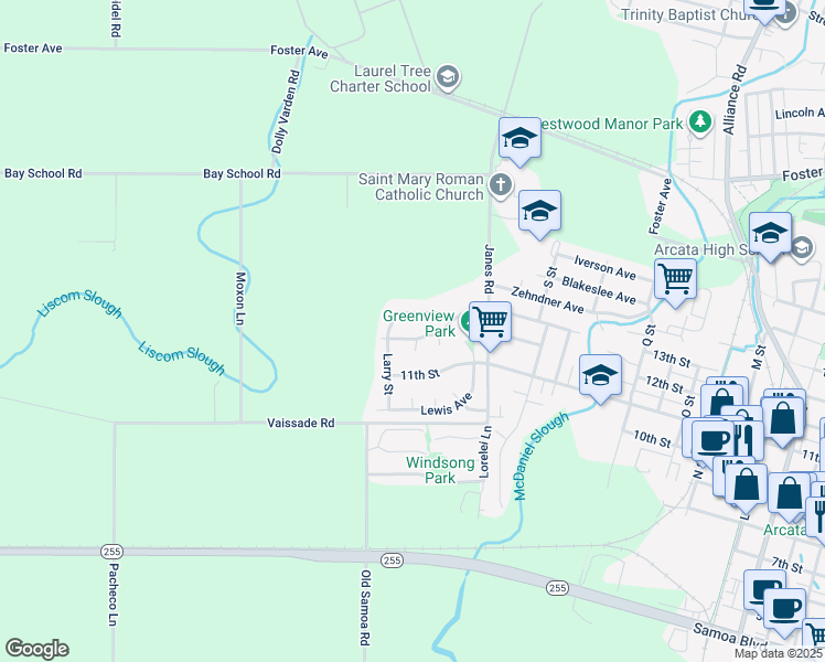 map of restaurants, bars, coffee shops, grocery stores, and more near 2110 Haeger Avenue in Arcata