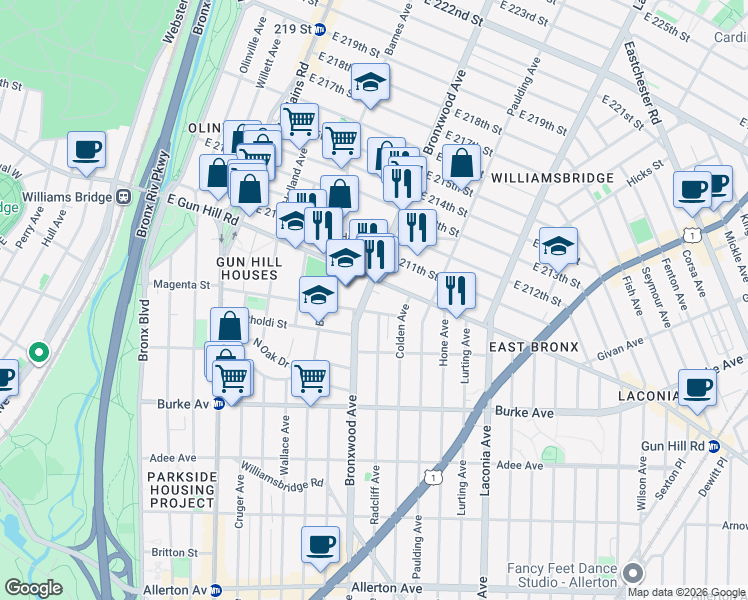 map of restaurants, bars, coffee shops, grocery stores, and more near 914 East Gun Hill Road in Bronx