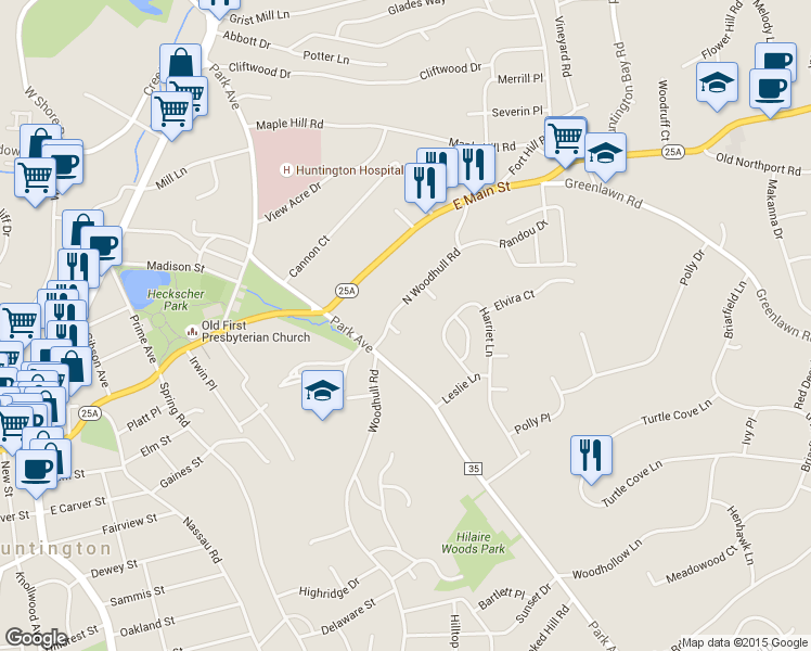 map of restaurants, bars, coffee shops, grocery stores, and more near 4 Glendon Court in Huntington