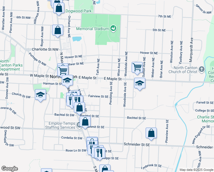 map of restaurants, bars, coffee shops, grocery stores, and more near 525 Hartman Street Southeast in North Canton