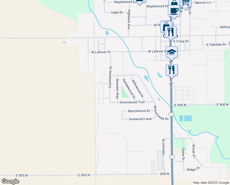 map of restaurants, bars, coffee shops, grocery stores, and more near 608 Brenden Way in Ossian
