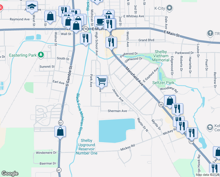 map of restaurants, bars, coffee shops, grocery stores, and more near 10 Jenner Avenue in Shelby