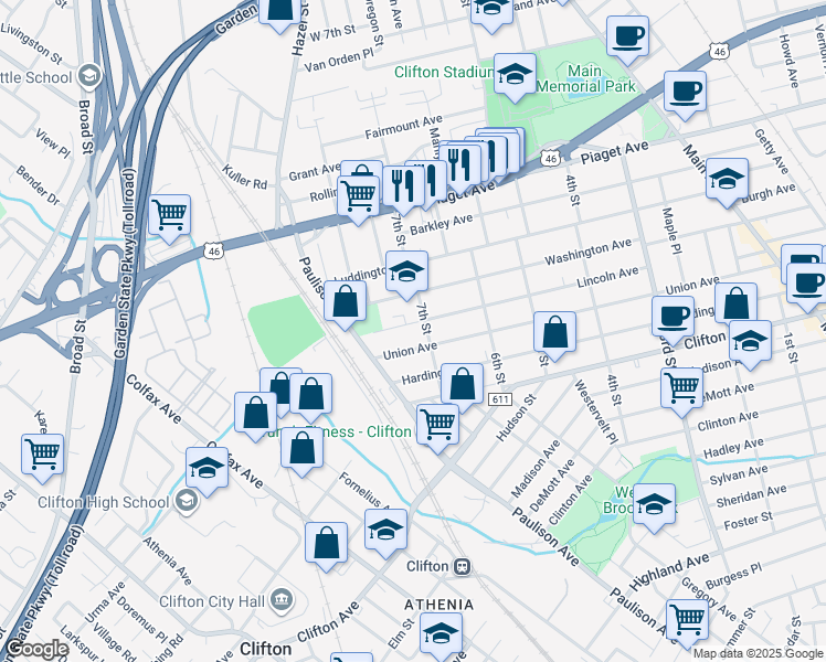 map of restaurants, bars, coffee shops, grocery stores, and more near 207 Lincoln Avenue in Clifton