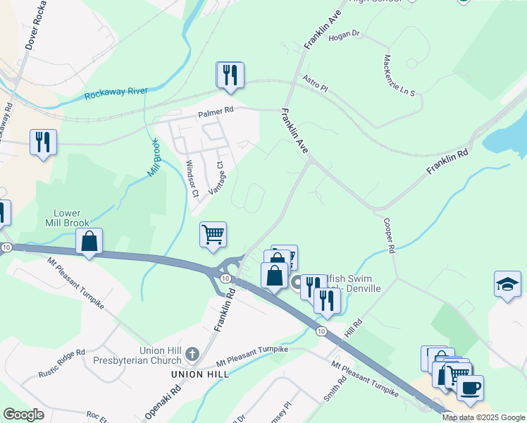 map of restaurants, bars, coffee shops, grocery stores, and more near 3701 Scenic Court in Denville