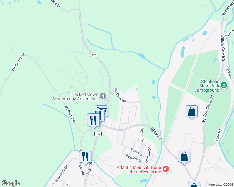map of restaurants, bars, coffee shops, grocery stores, and more near 3 Old Bilby Road in Hackettstown