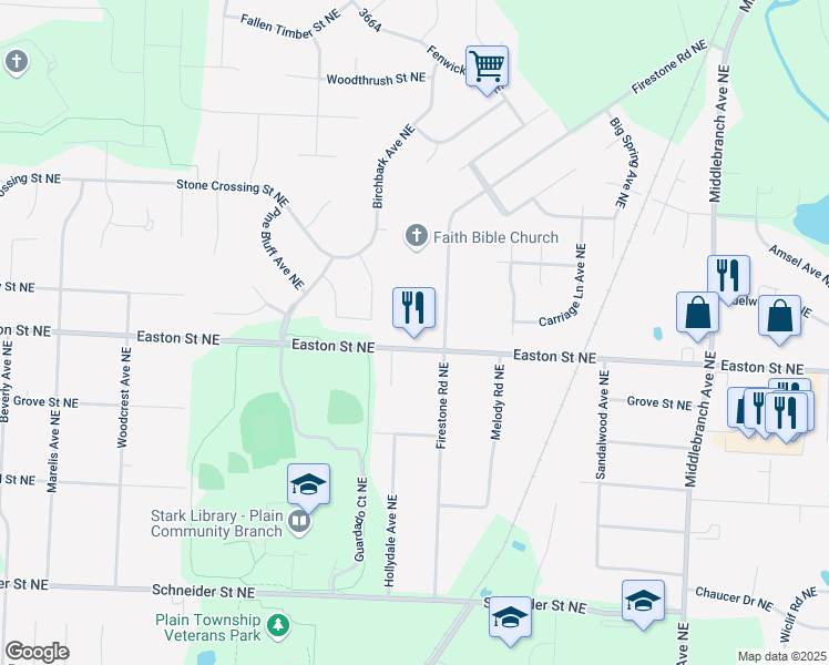 map of restaurants, bars, coffee shops, grocery stores, and more near 6407 Firestone Avenue Northeast in Canton