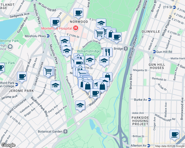 map of restaurants, bars, coffee shops, grocery stores, and more near Perry Avenue & East 206th Street in Bronx