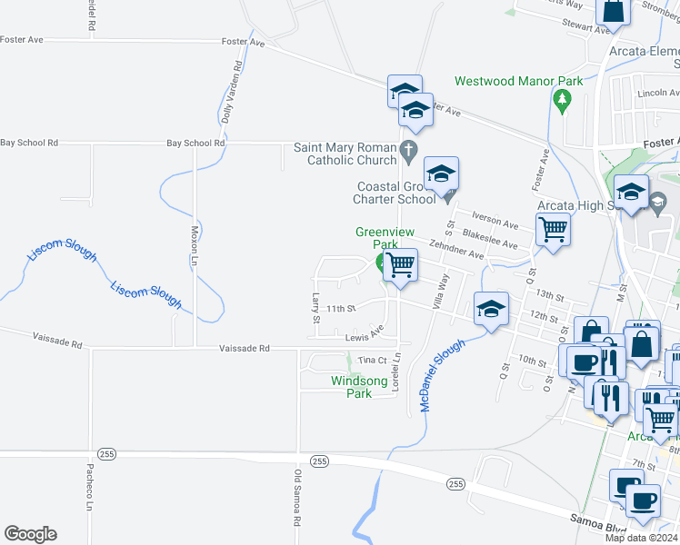 map of restaurants, bars, coffee shops, grocery stores, and more near 2102 Haeger Avenue in Arcata