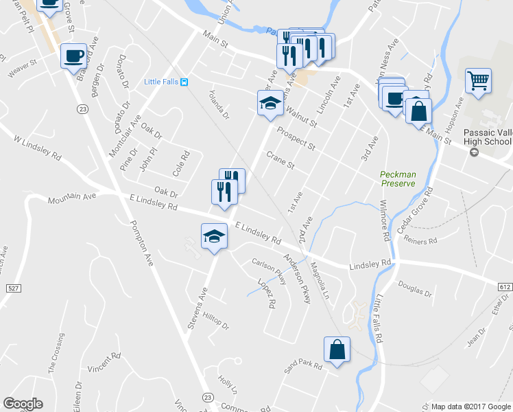 map of restaurants, bars, coffee shops, grocery stores, and more near 24 Marley Avenue in Cedar Grove