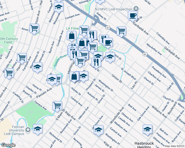 map of restaurants, bars, coffee shops, grocery stores, and more near 63 Washington Street in Lodi