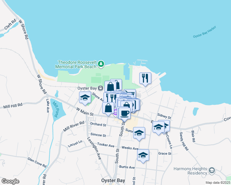 map of restaurants, bars, coffee shops, grocery stores, and more near 120 Audrey Avenue in Oyster Bay