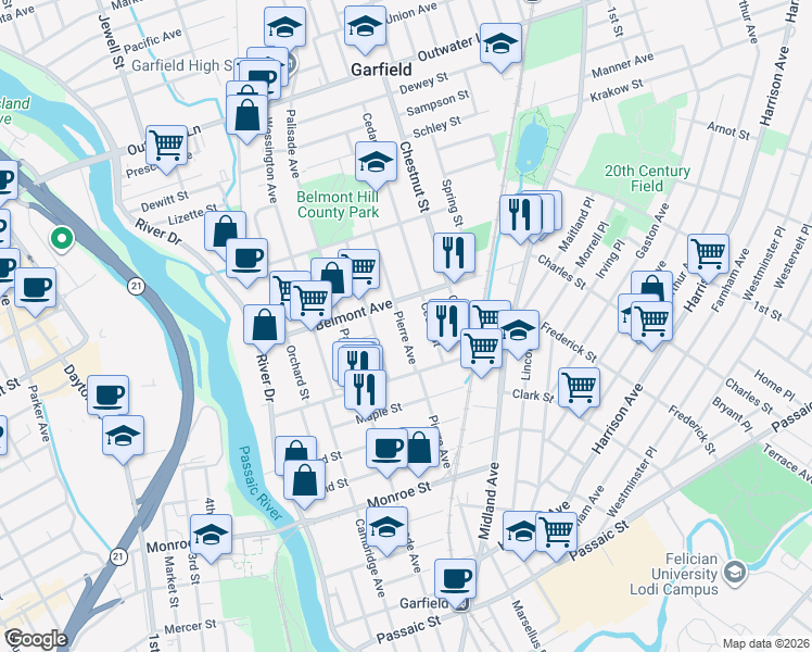 map of restaurants, bars, coffee shops, grocery stores, and more near 184 Pierre Avenue in Garfield