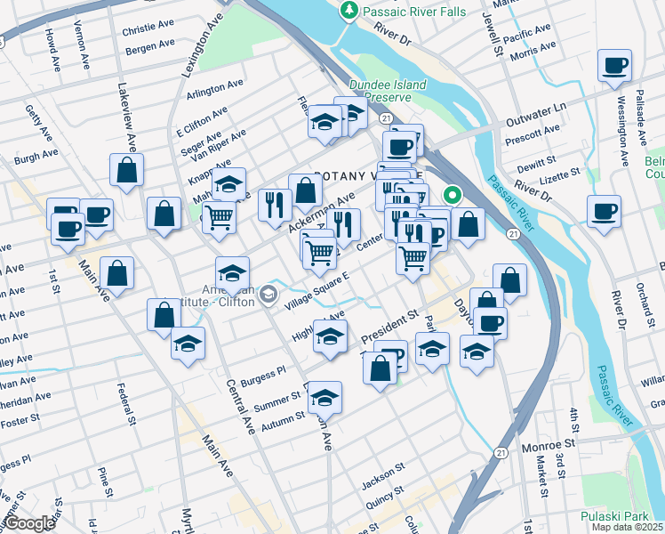 map of restaurants, bars, coffee shops, grocery stores, and more near 75 Center Street in Clifton