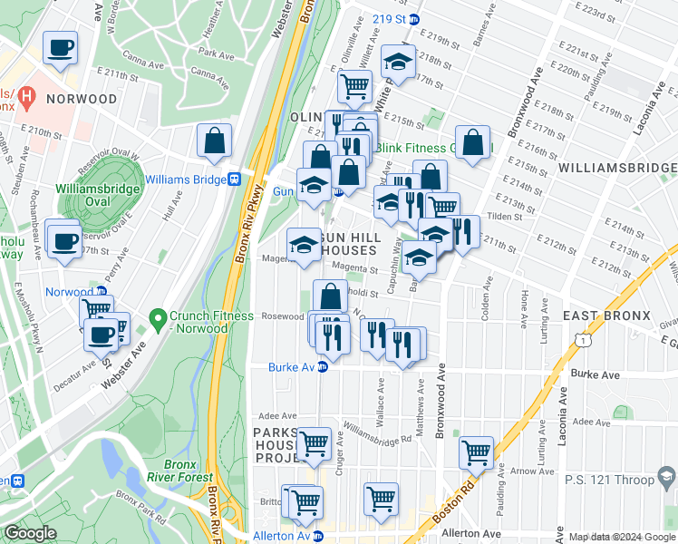 map of restaurants, bars, coffee shops, grocery stores, and more near 3365 Cruger Avenue in Bronx