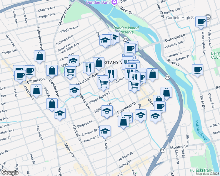 map of restaurants, bars, coffee shops, grocery stores, and more near 75 Center Street in Clifton
