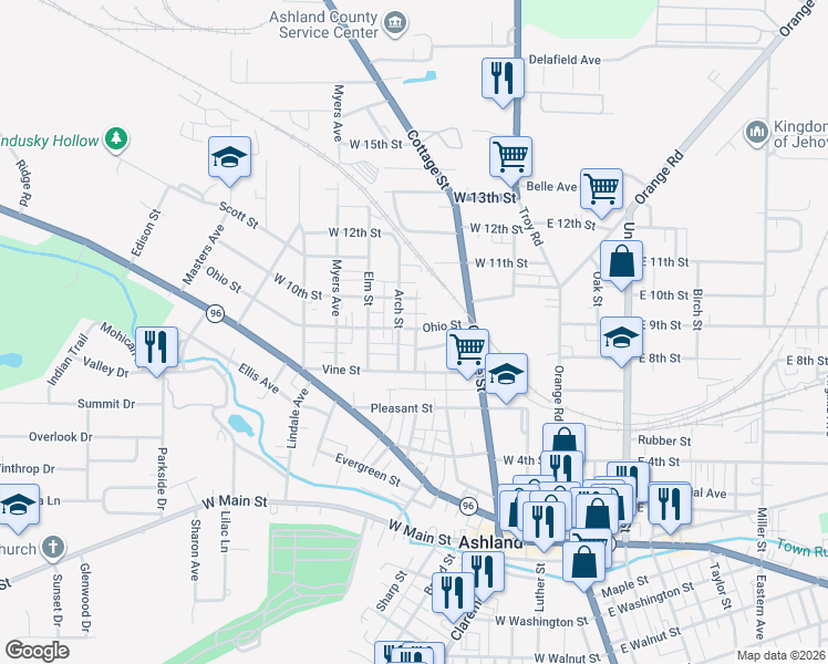 map of restaurants, bars, coffee shops, grocery stores, and more near 326 Ohio Street in Ashland