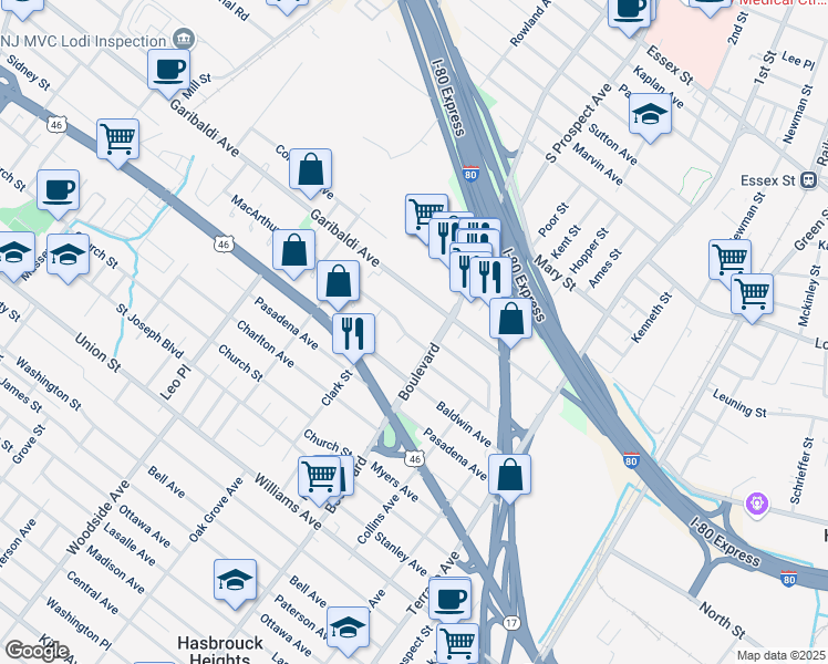 map of restaurants, bars, coffee shops, grocery stores, and more near 39 MacArthur Avenue in Hasbrouck Heights